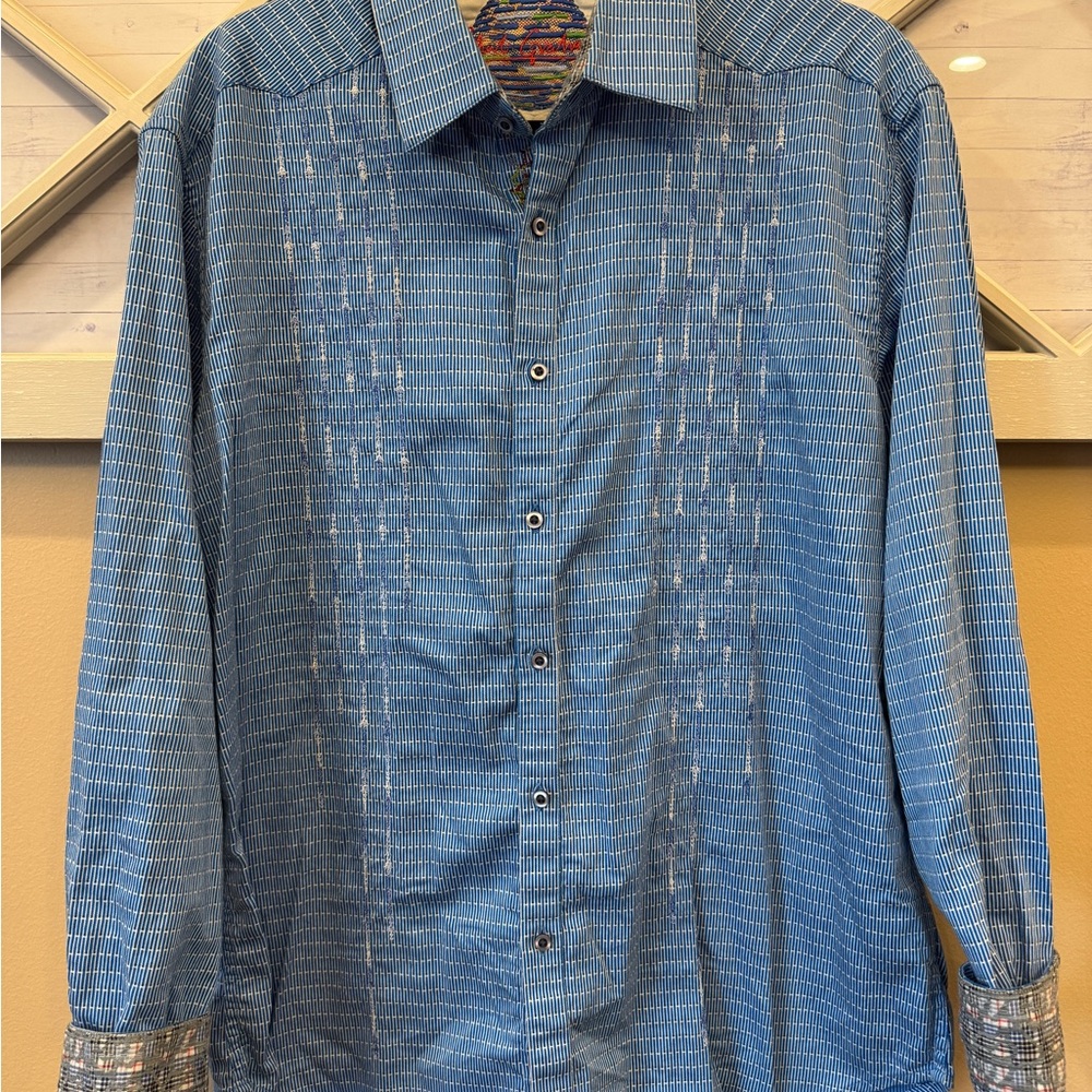 Robert Graham Shirt Mens Large Button Up Embroidered Flip Cuff‎ Colorful Blue